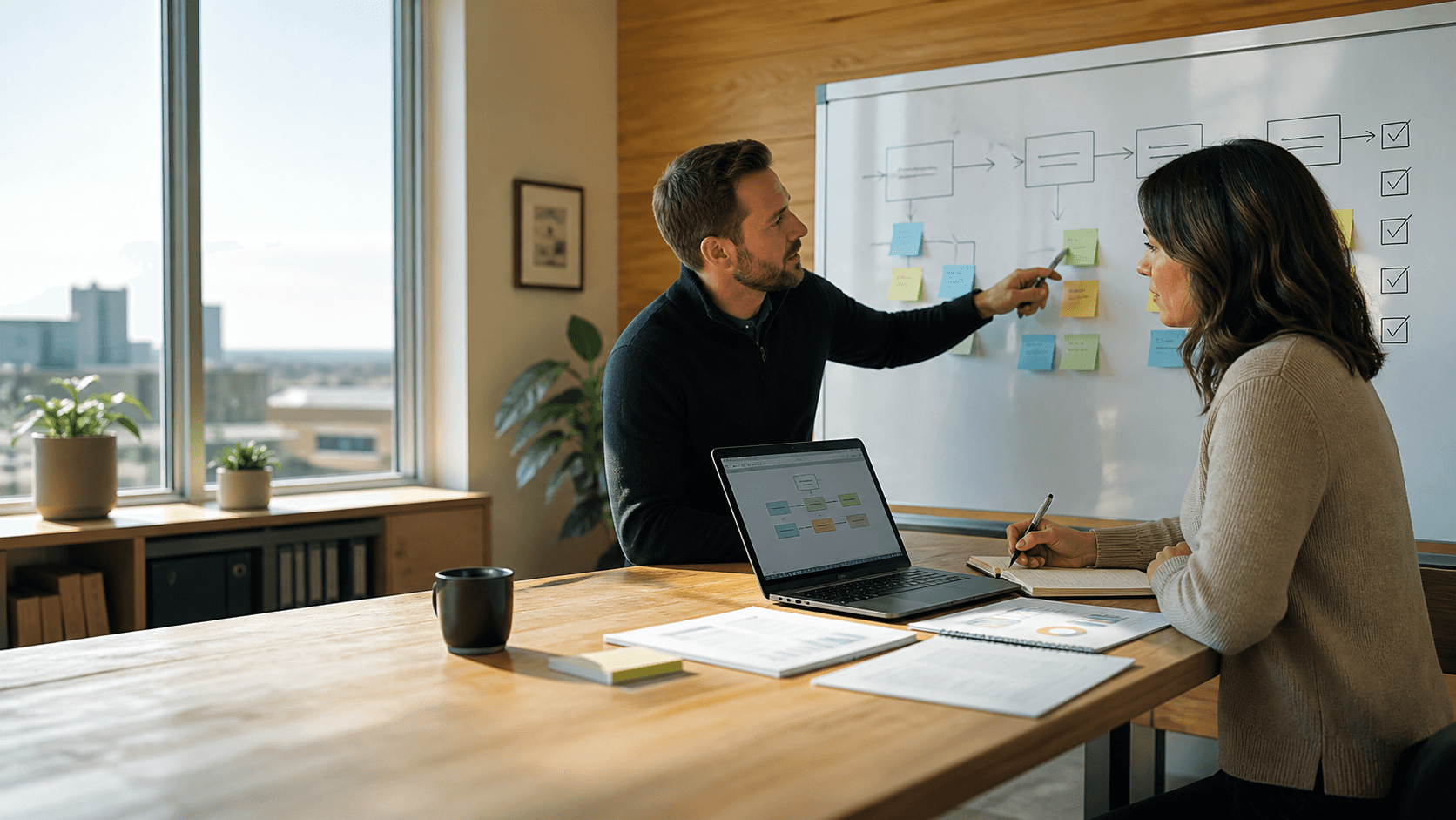 Two small-business operators reviewing a workflow checklist on a whiteboard beside a laptop in a bright prairie office.