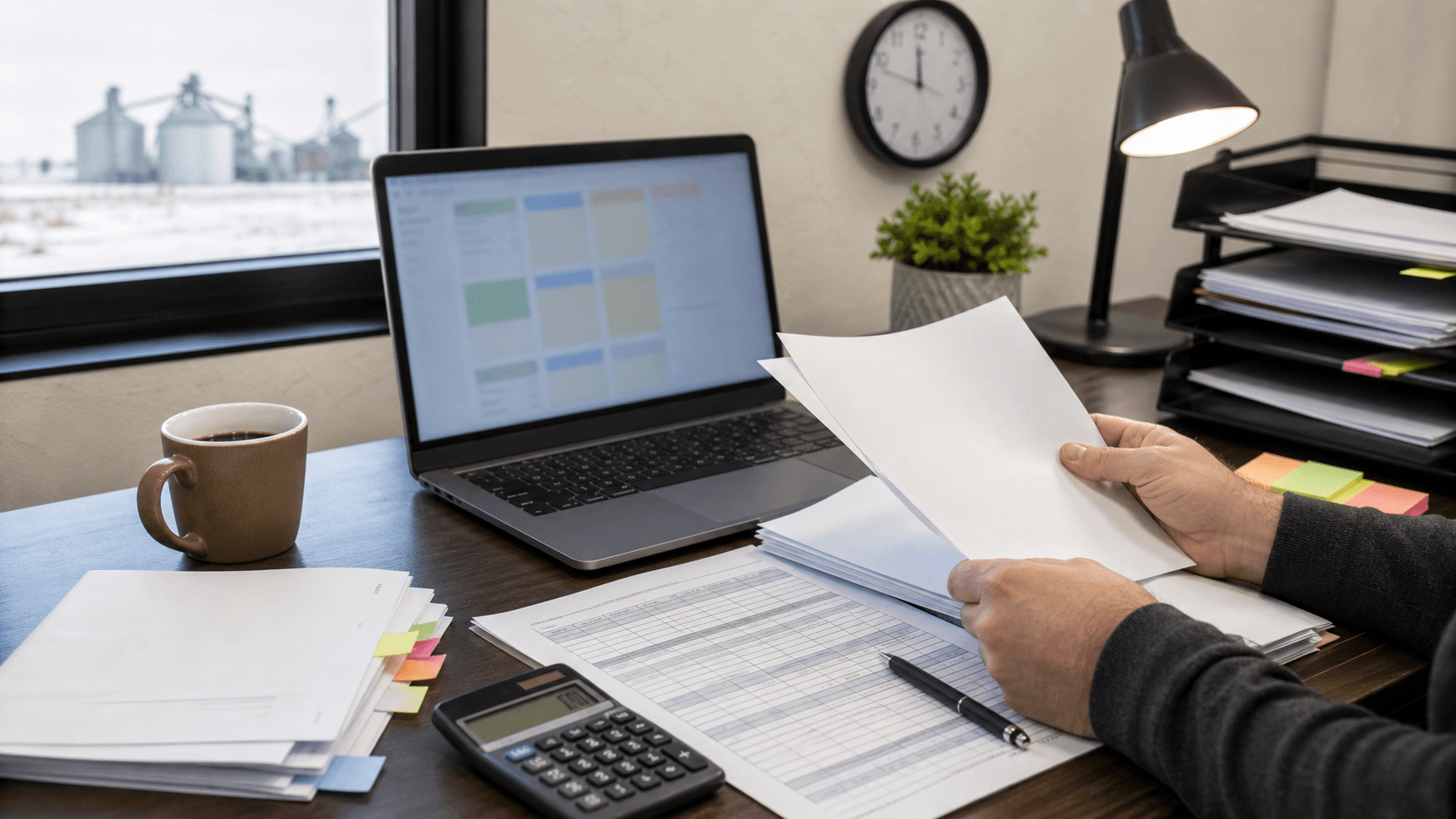 A local accounting desk with blank invoices, a calculator, blurred laptop blocks, and hands reviewing AI workflow cost paperwork.