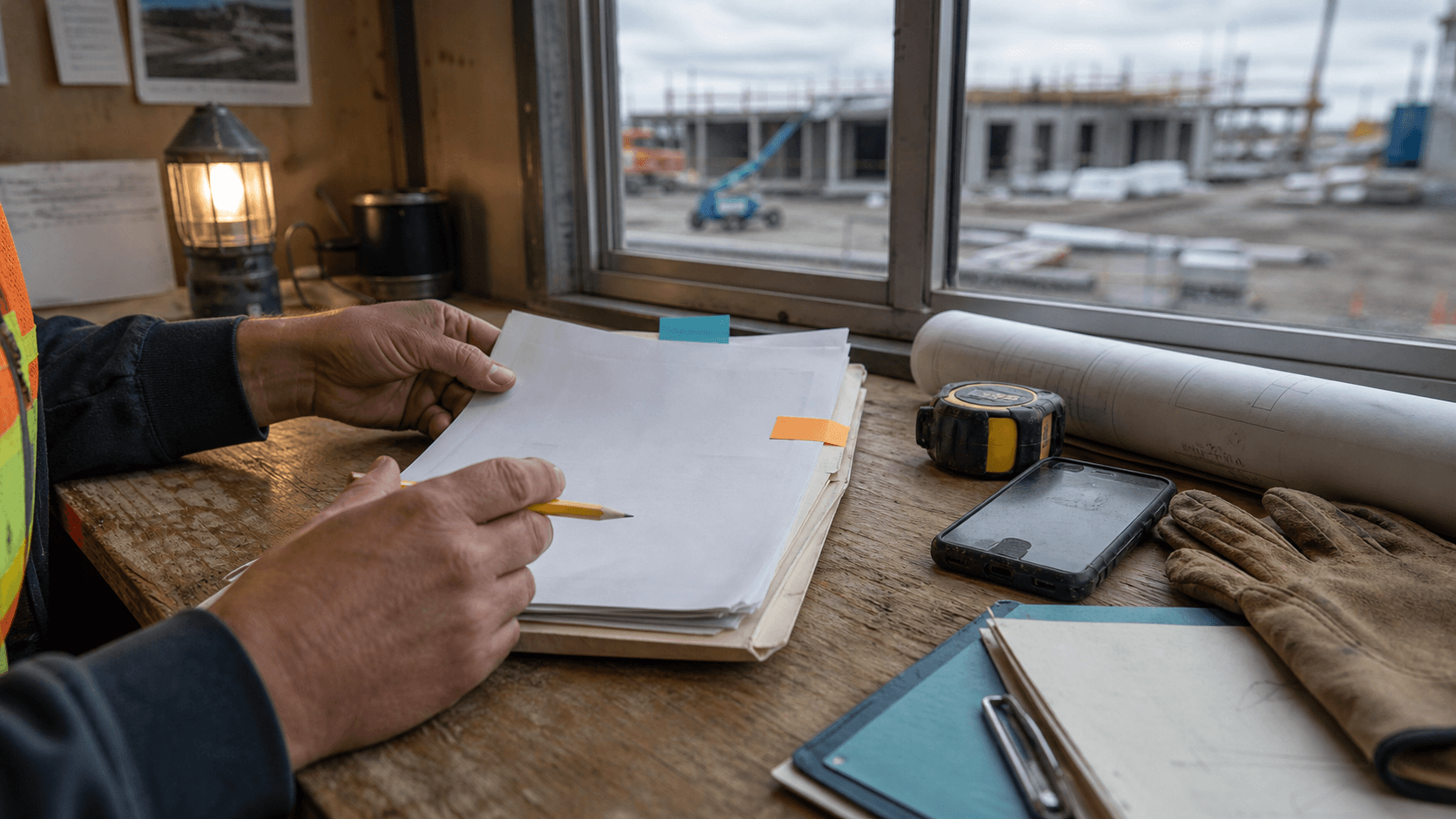 A foreperson reviewing a blank change-order packet beside a rolled construction plan in a job-site trailer, with a building site visible through the window.