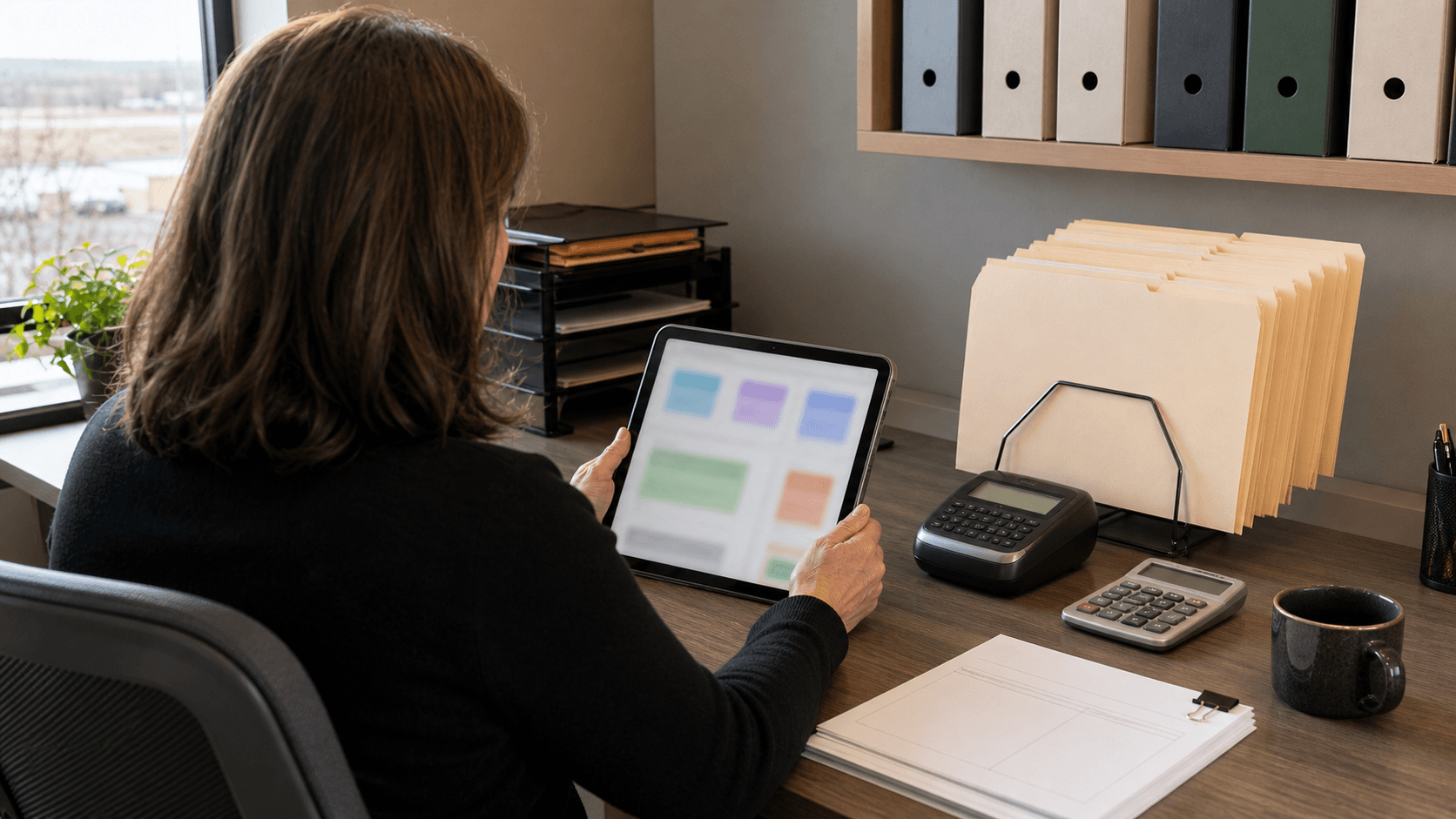 An office manager reviewing a tablet with blurred internal tool blocks at a back-office accounting desk with folders and approval forms.