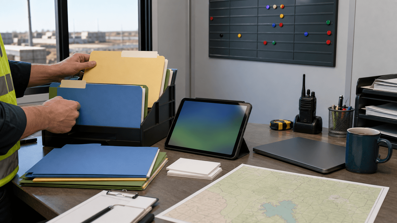 A contractor office job-file station with blank folders, permission cards, a tablet, dispatch board magnets, a radio, and hands sorting folders.