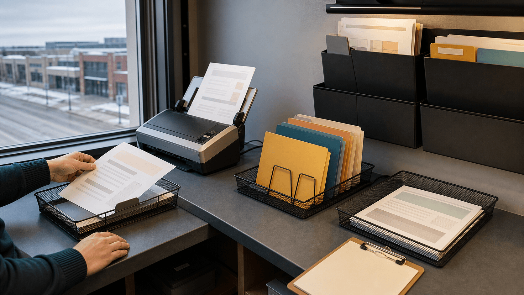 A hands-only office document intake station with a sheet scanner, incoming papers, color-coded folders, and a separate review tray beside a prairie window.