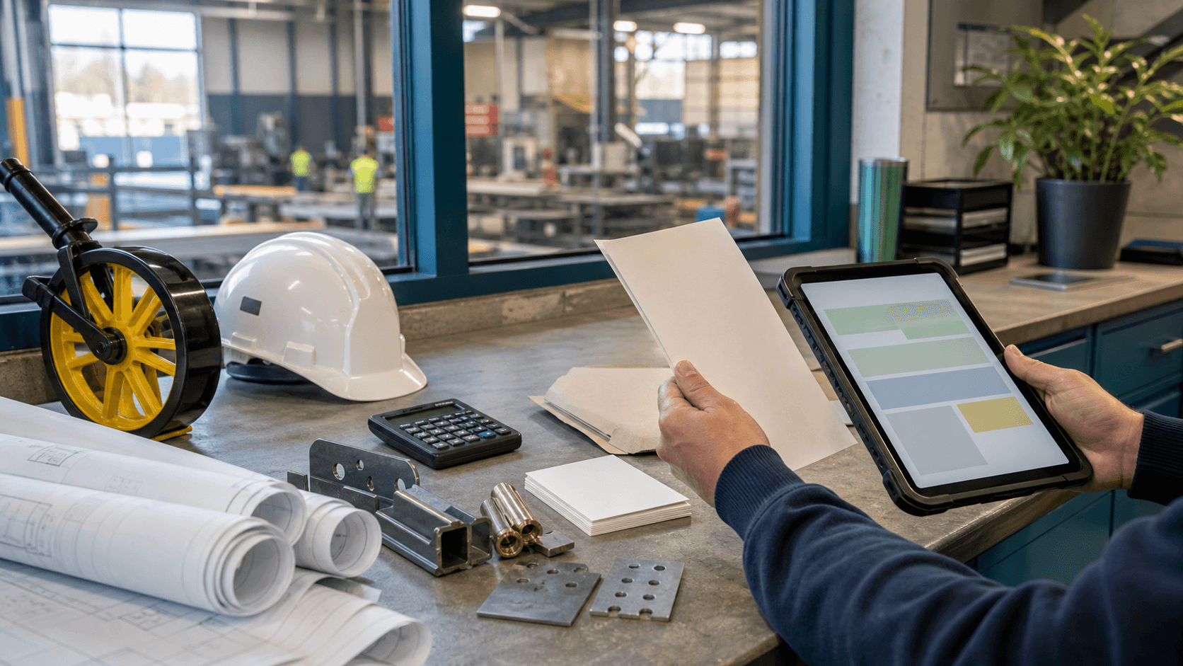 A contractor estimating counter with blank quote packets, blueprints, a measuring wheel, calculator, tablet, and a fabrication shop visible through the window.