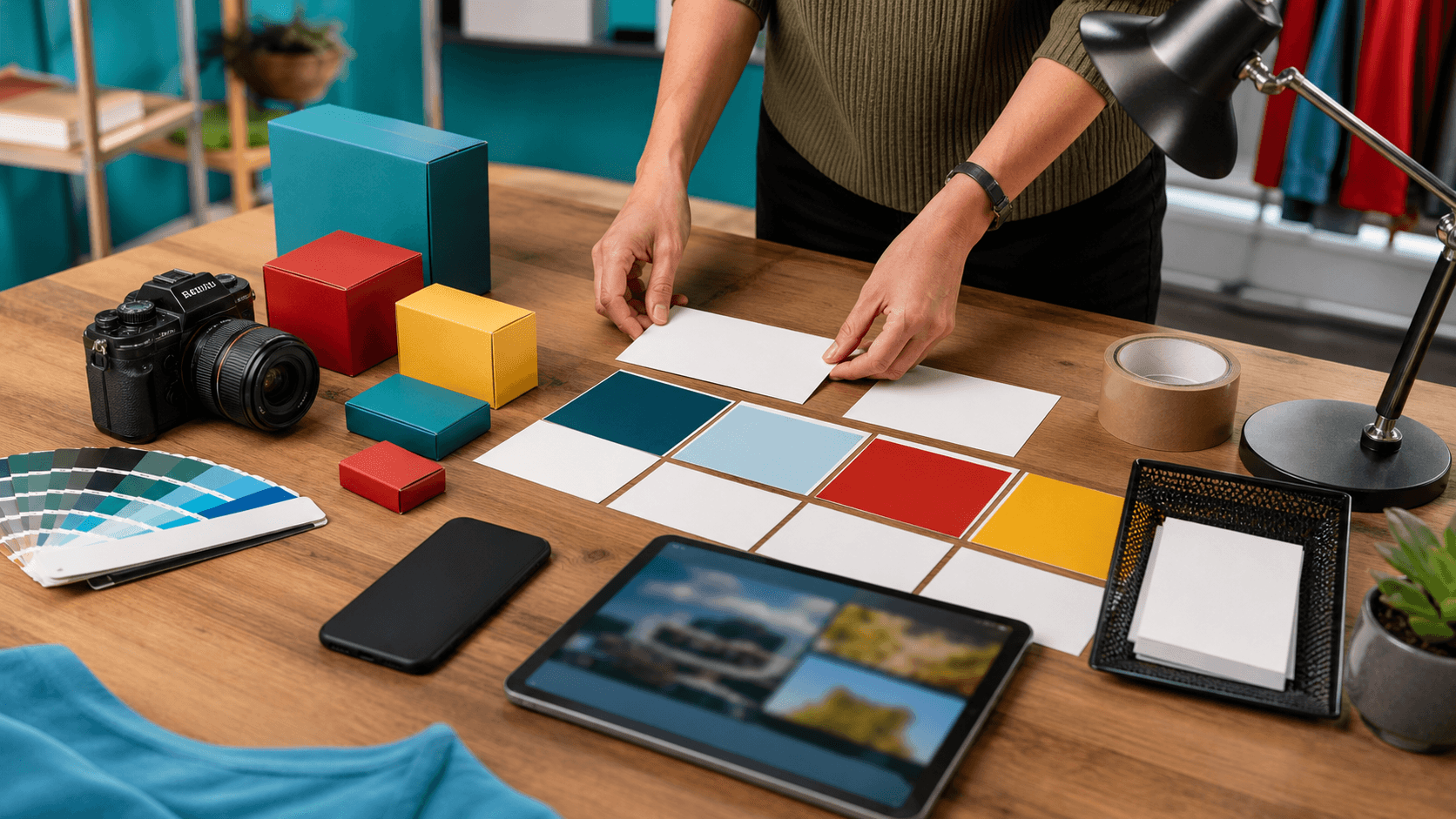 A colorful local marketing production table with blank storyboard cards, product boxes, a camera, color swatches, and hands reviewing an approval card.
