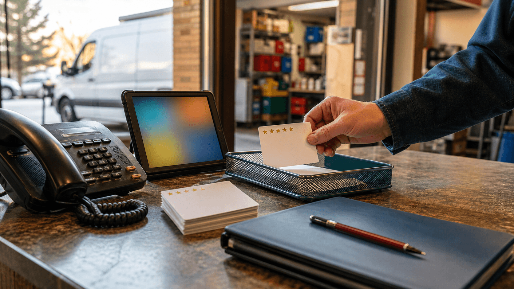 A service office counter with a phone, blank review cards, a job folder, and one hand checking a customer reply before it is posted.