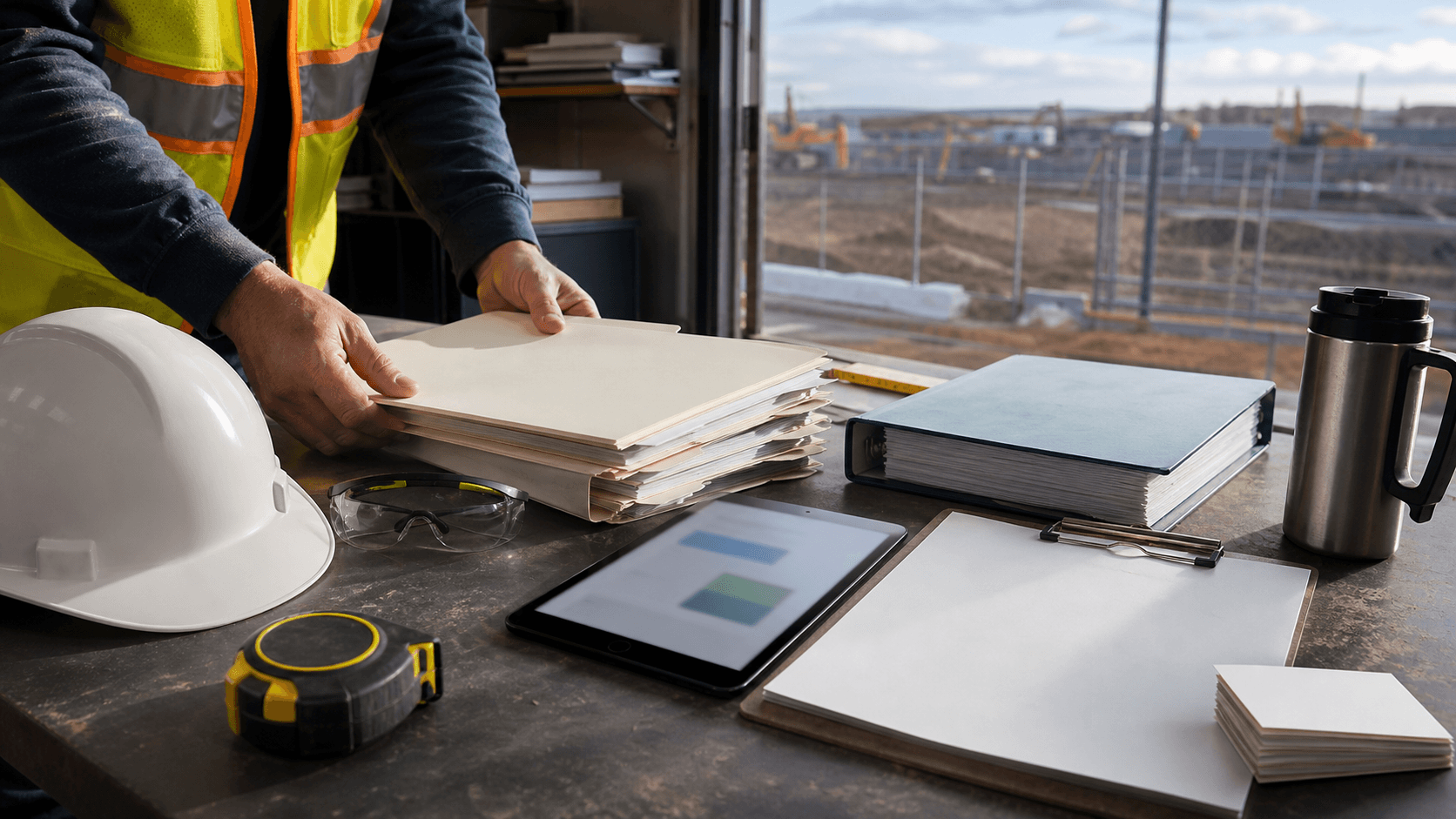 A contractor job-site trailer table with blank bid folders, a hard hat, safety glasses, tablet, training binder, and hands organizing paperwork.