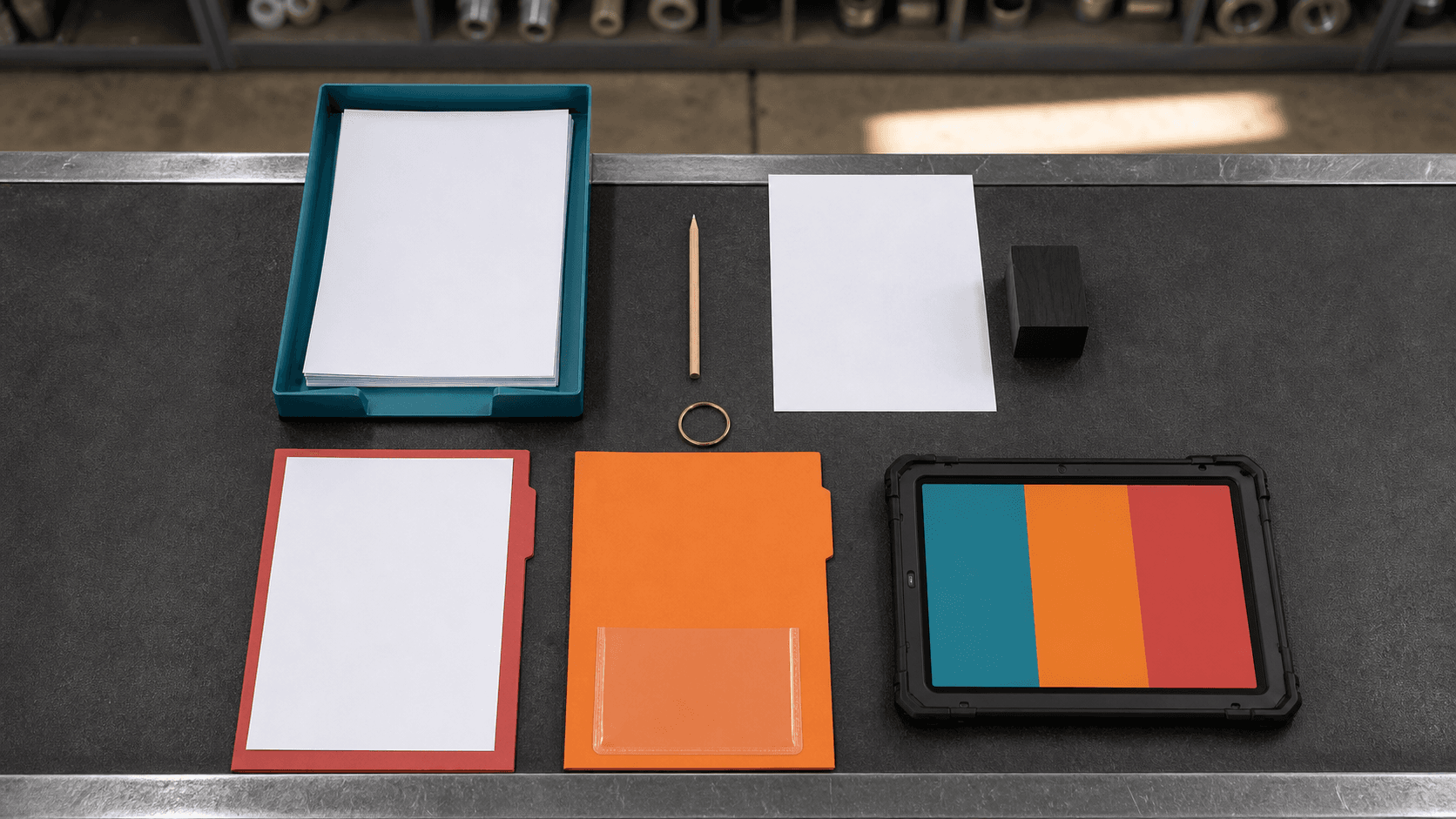 Four blank invoice-review stations arranged on a service-parts counter beside an unmarked tablet.