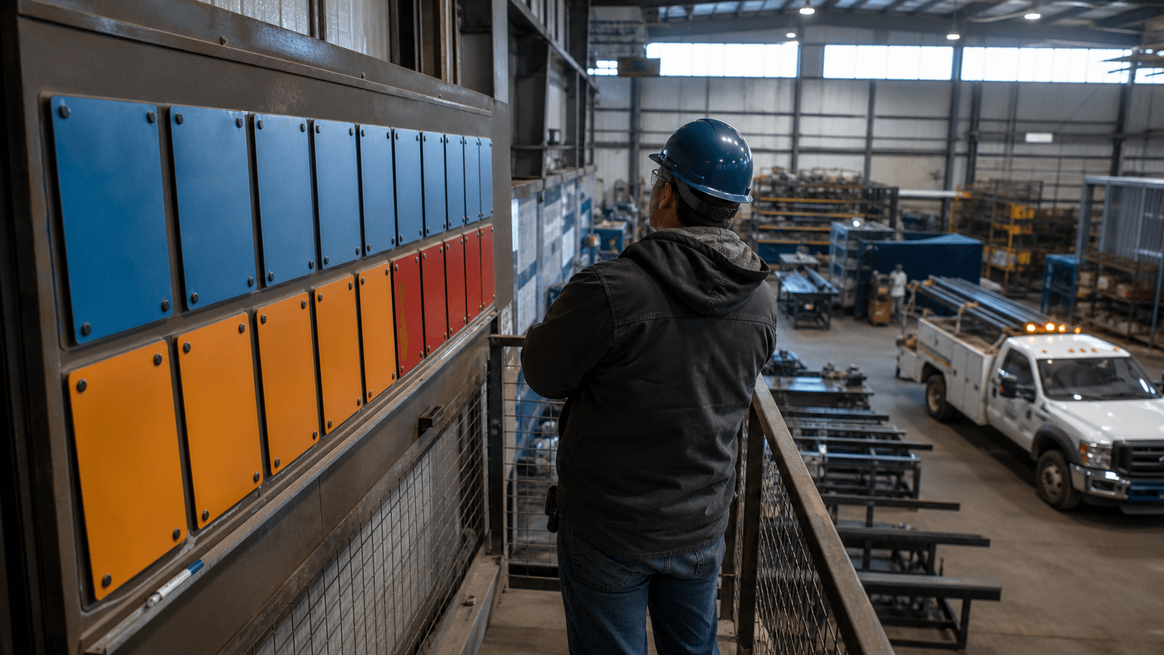 An operations manager comparing blue planned-cost tiles with amber actual-cost tiles from a fabrication-shop mezzanine.