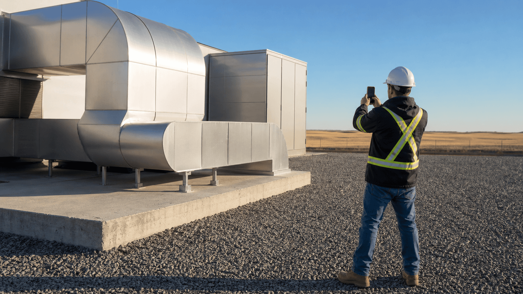 A field technician photographing completed mechanical equipment in a prairie industrial yard for a job closeout record.