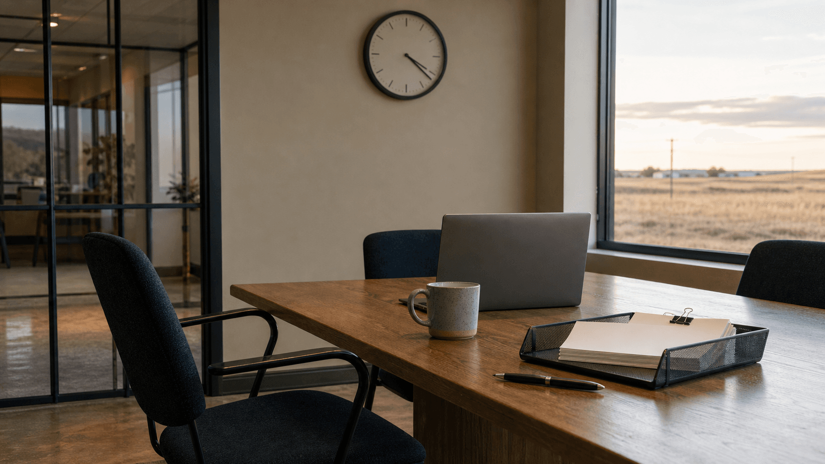 An empty small-business meeting room after a working session, with a laptop, blank action cards in a document tray, a coffee mug, and a prairie view.