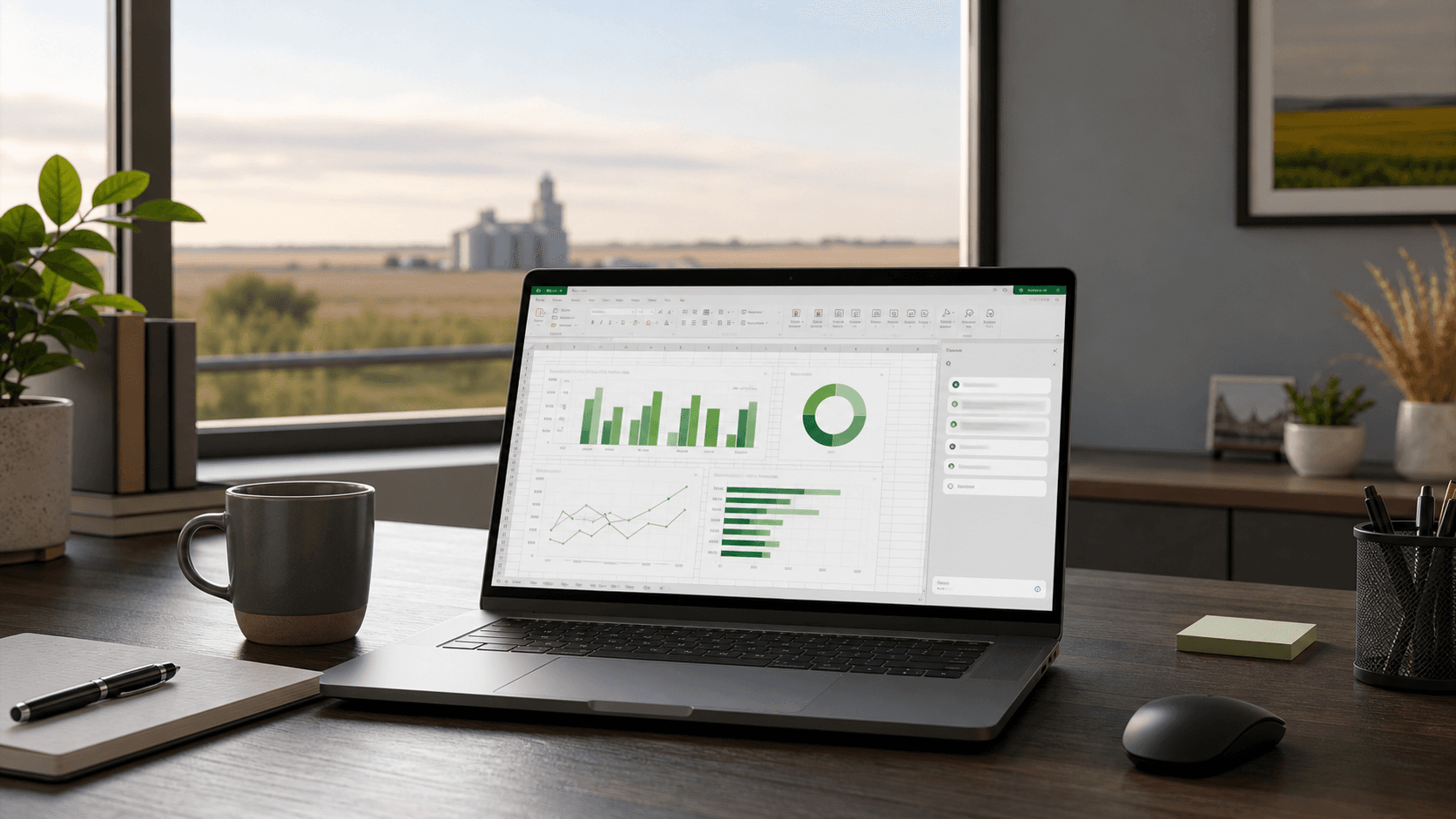 A clean, professional workspace with a laptop showing spreadsheet data and an AI chat interface.
