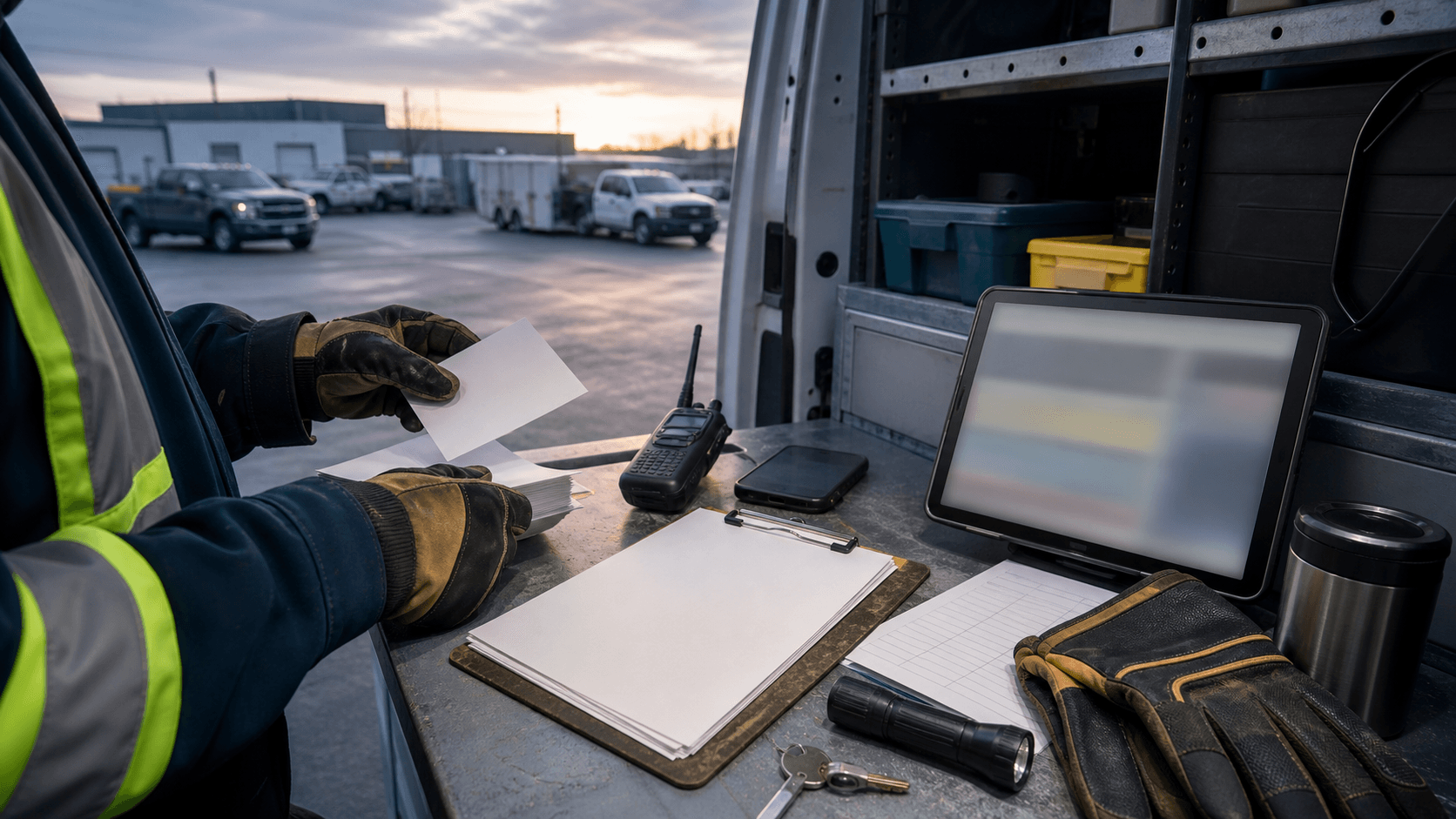 A service van fallback station with blank route cards, a two-way radio, a tablet, gloves, keys, and a technician sorting paper backup notes.