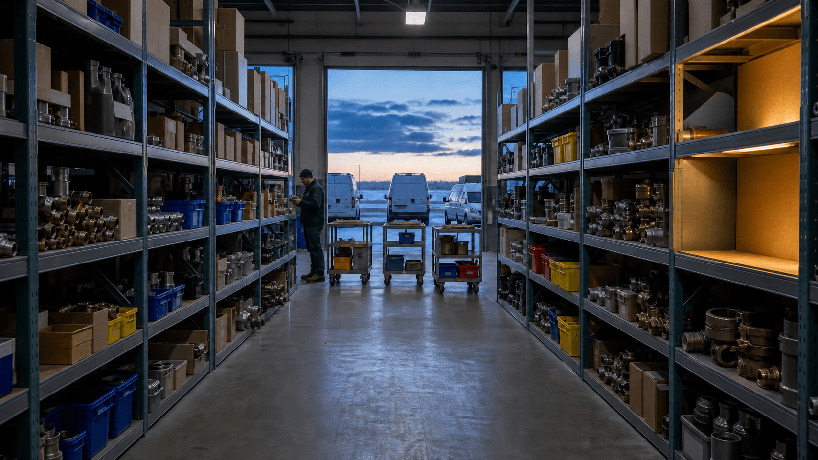A symmetrical parts-room aisle with rolling restock carts, unlabelled bins, and one amber empty shelf slot before the service vans leave.