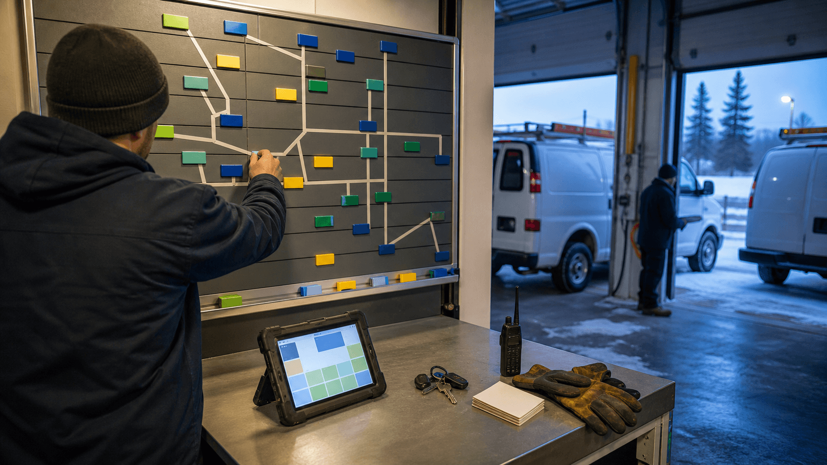 A dispatcher moving blank route magnets on a service-bay schedule board while vans wait in winter dawn light.