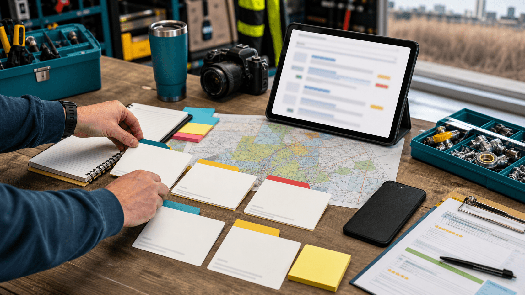 A local service business workbench with blank social content cards, a tablet with blurred search results, a map, tools, and review paperwork.