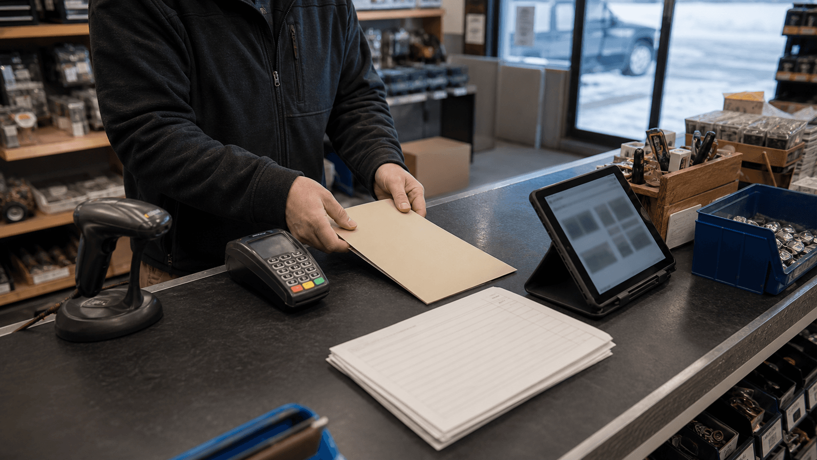 A local retail parts counter with a payment terminal, scanner, tablet, product bins, and a staff member handing over a plain order folder.