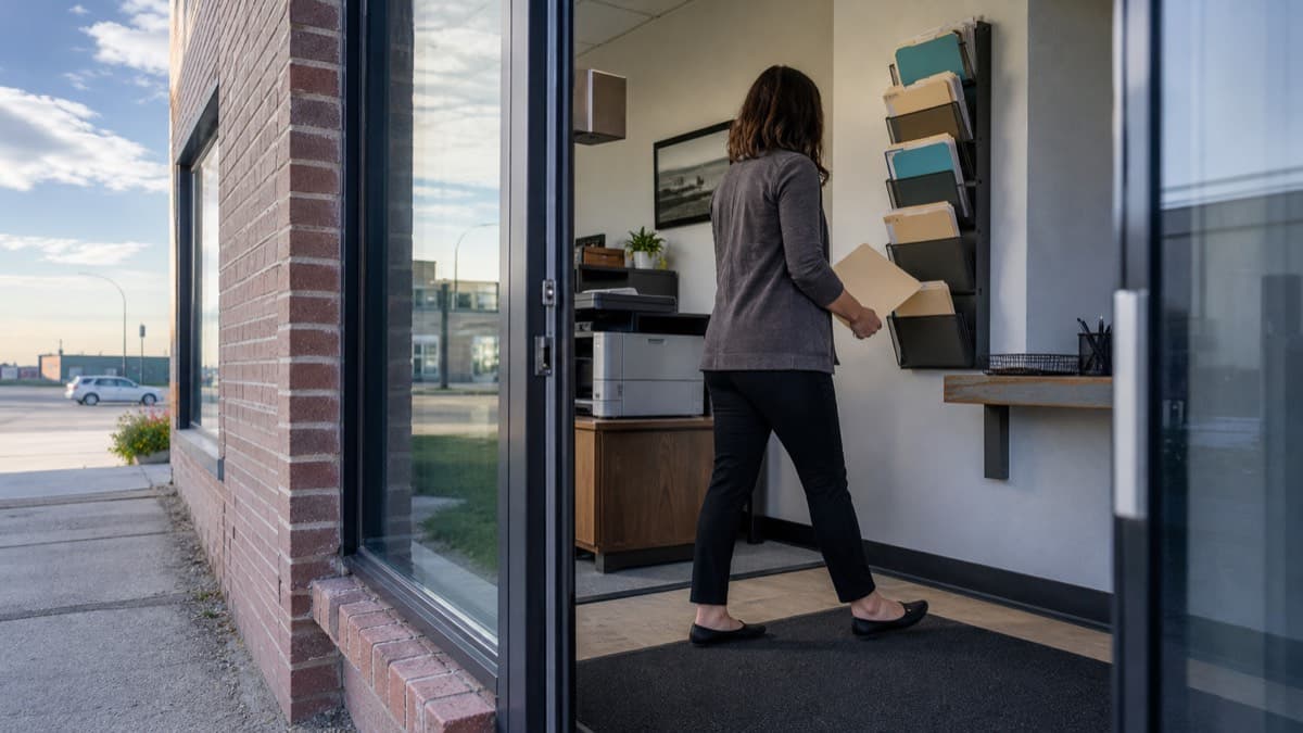 An office manager carrying a plain tender folder toward a wall file rack inside a small Saskatchewan business, seen through an open glass entry door.