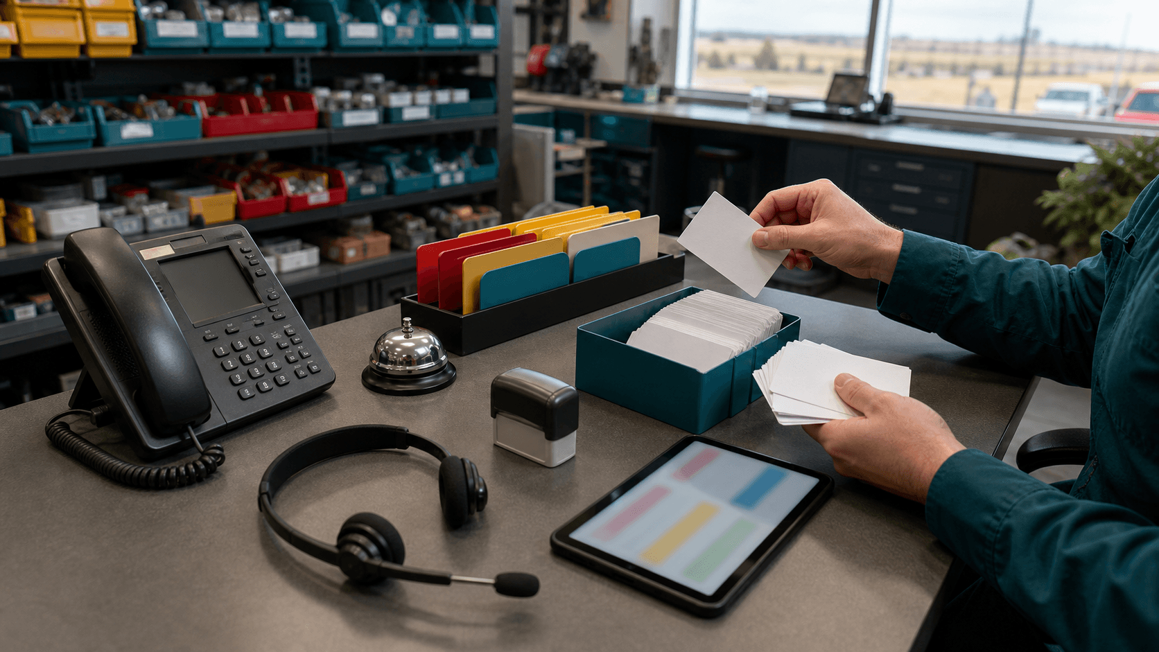A customer-service QA desk with a headset, blank support ticket cards, a tablet, and hands sorting cards into an approval tray.