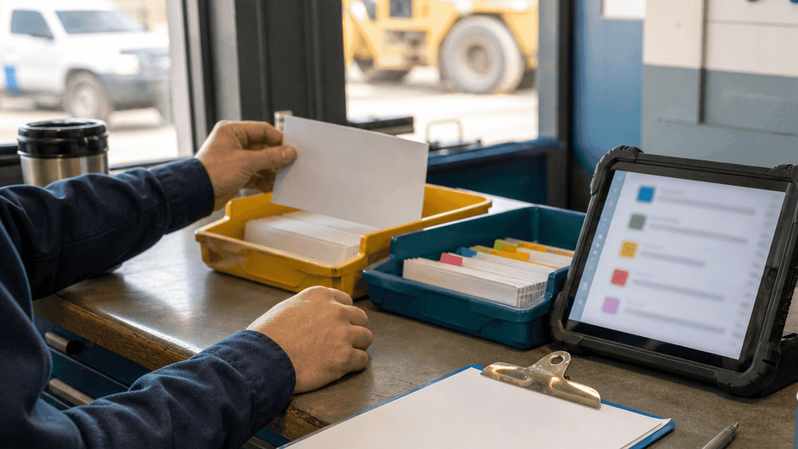 A service dispatch counter with blank job cards, a rugged tablet showing blurred team-channel blocks, and a dispatcher sorting a paper card.