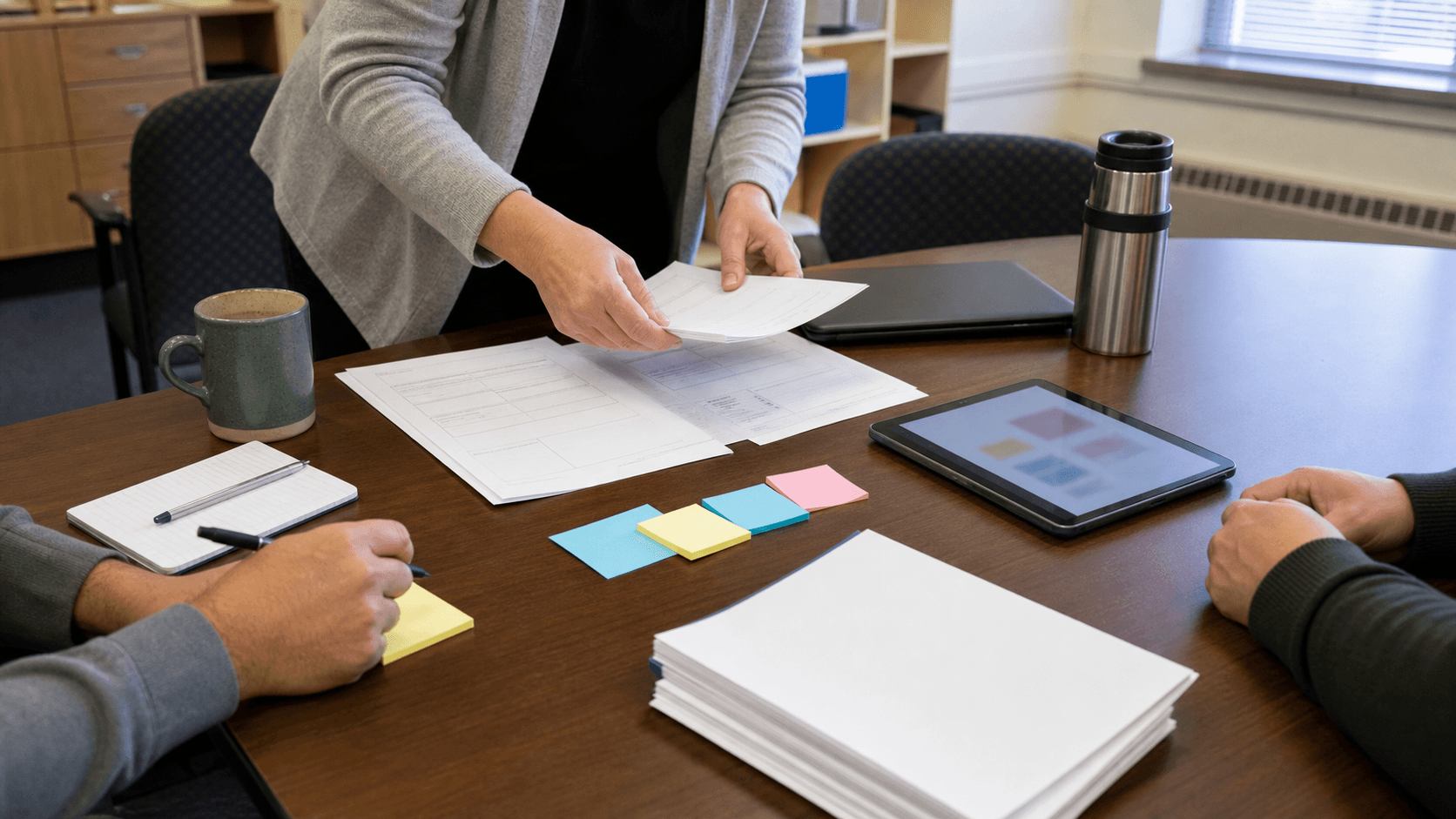 A small community-office training table with intake forms, sticky notes, a tablet, and hands reviewing paperwork during an AI workflow session.