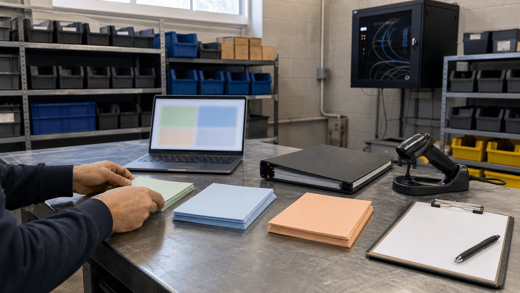 A warehouse equipment room worktable with blank vendor cards, a laptop, a barcode scanner, unlabeled bins, and a network cabinet.