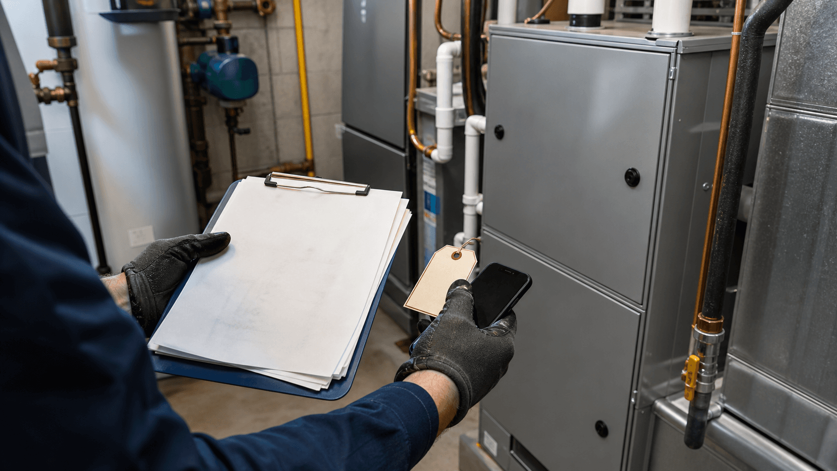 A technician's gloved hands comparing a blank service record packet with an equipment tag beside a commercial furnace in a mechanical room.