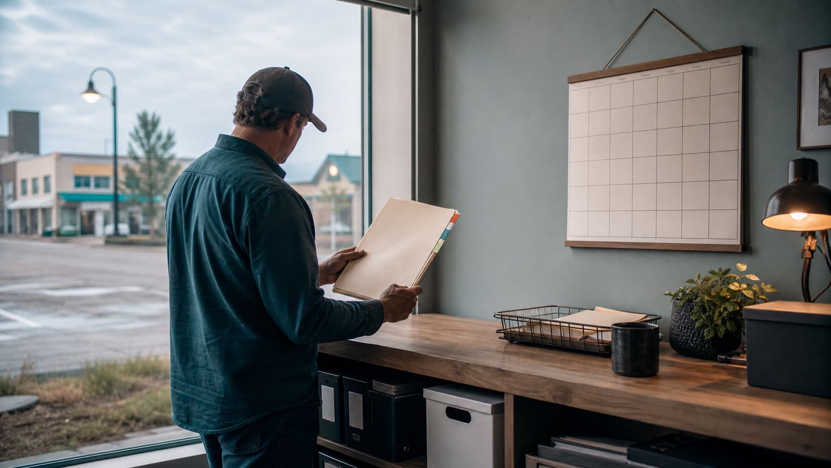 A Saskatchewan business owner reviewing a plain weekly operations folder at a morning back-office counter beside a wall calendar and a quiet shop window.