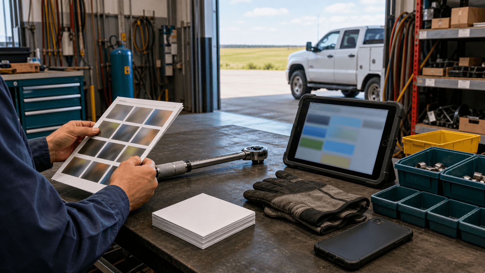 A service truck bay workbench with a torque wrench, tablet, blank instruction cards, parts bins, gloves, and a technician reviewing photo steps.
