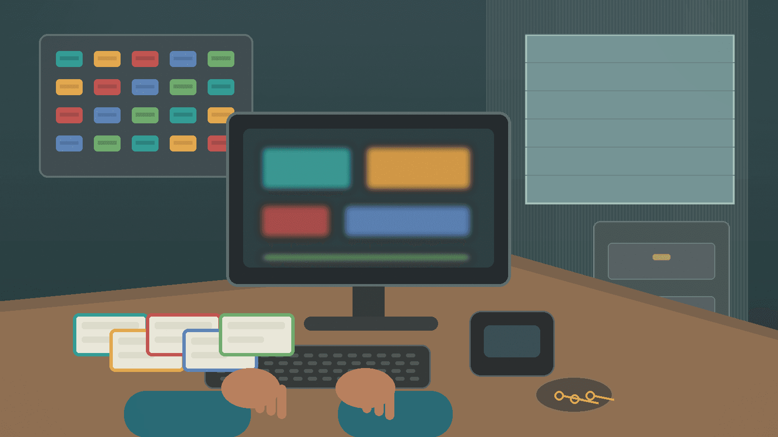 A dispatch office workstation with blurred browser panels, blank permission cards, a phone, keys, and a route board.