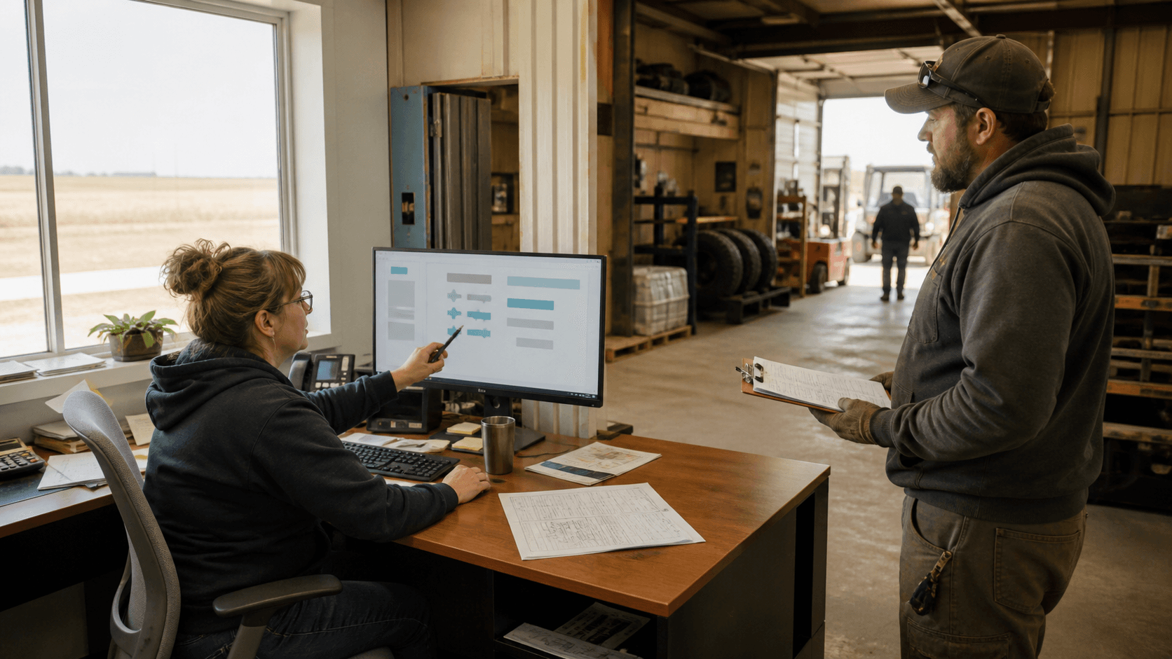 Realistic Saskatchewan small-business office scene with an office manager reviewing a shared work handoff at a workstation beside an active shop and warehouse.