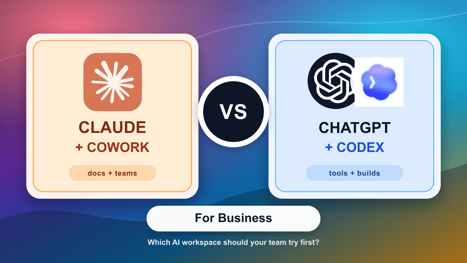 A colorful comparison thumbnail showing Claude plus Cowork versus ChatGPT plus Codex with the subtext For Business.