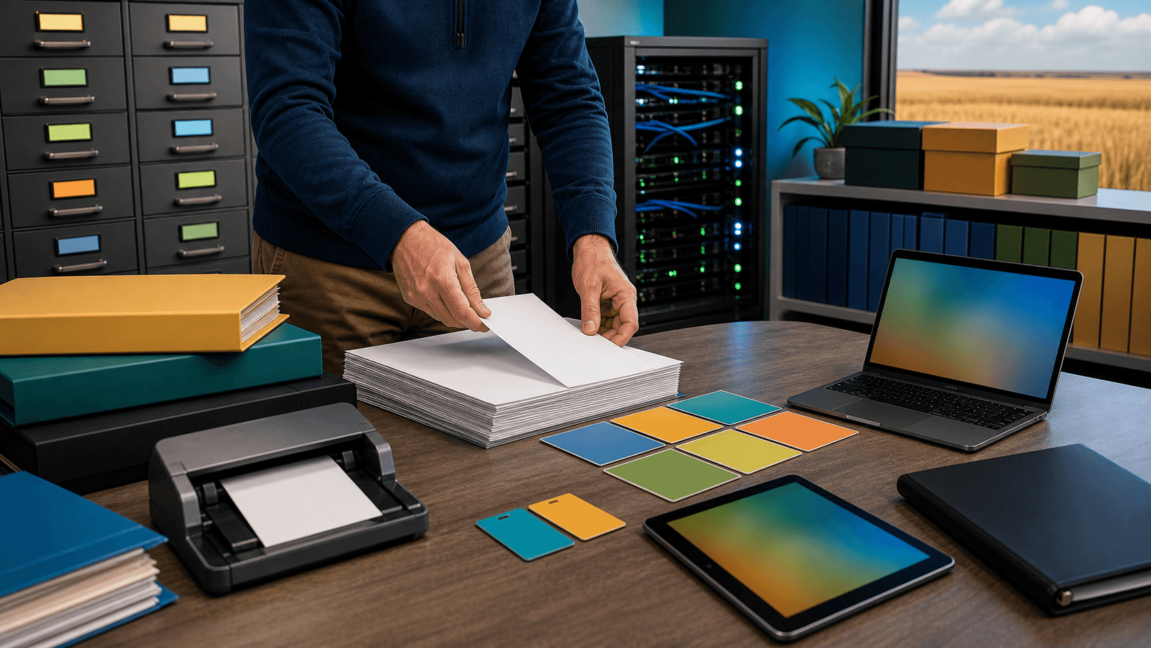 A colorful operations tech room with blank procedure pages, solid color routing tiles, a scanner, network cabinet, tablet, and laptop.