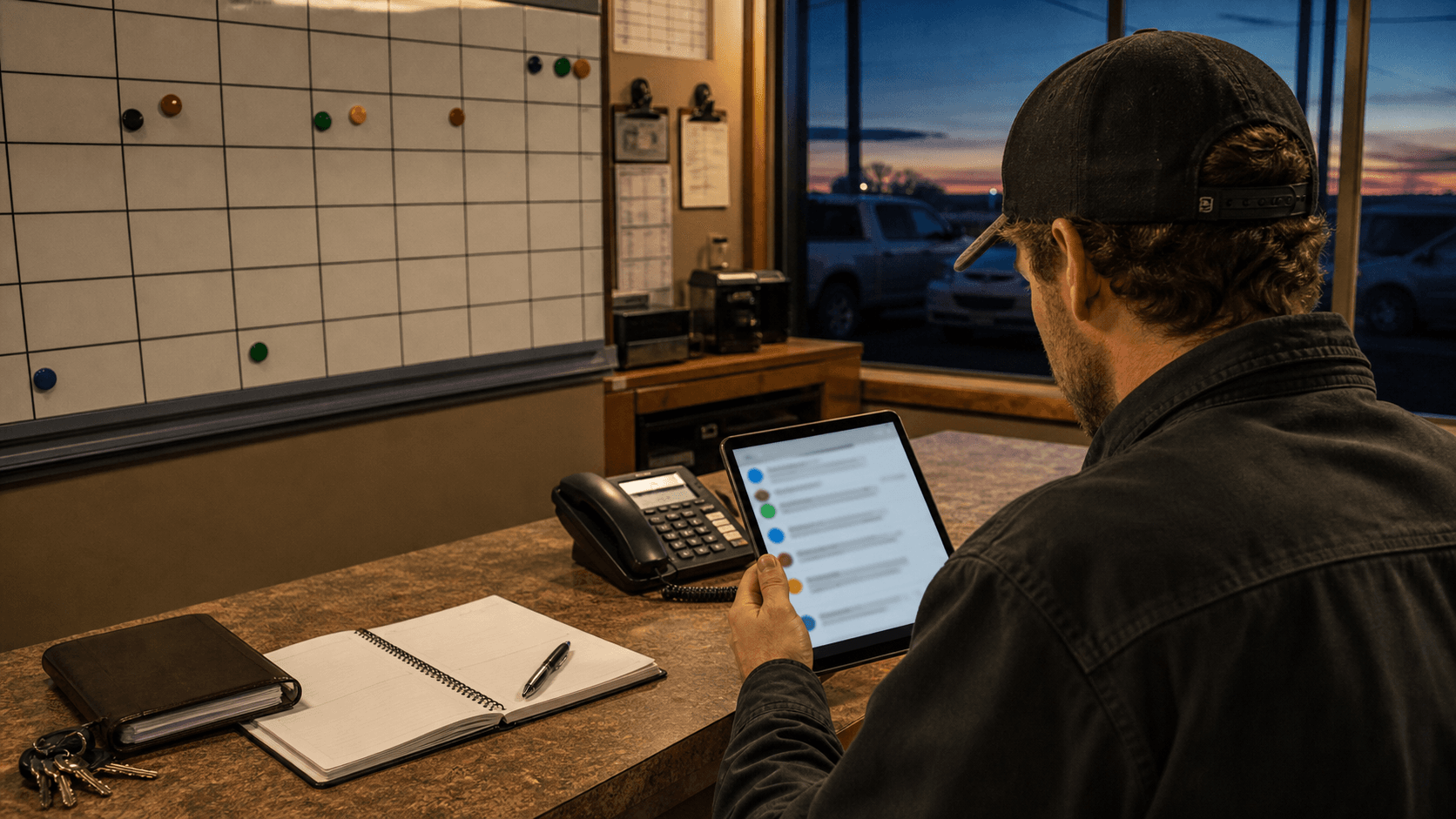 A Saskatchewan service dispatcher reviewing blurred customer message notifications on a tablet beside a phone, keys, and appointment book after hours.