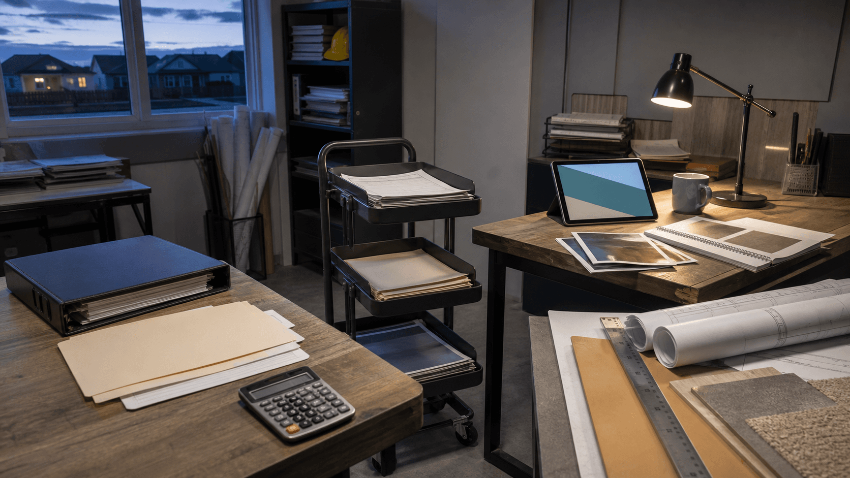 A residential construction back office at blue hour with accounting folders, service records, plans, and an organizing cart between work areas.