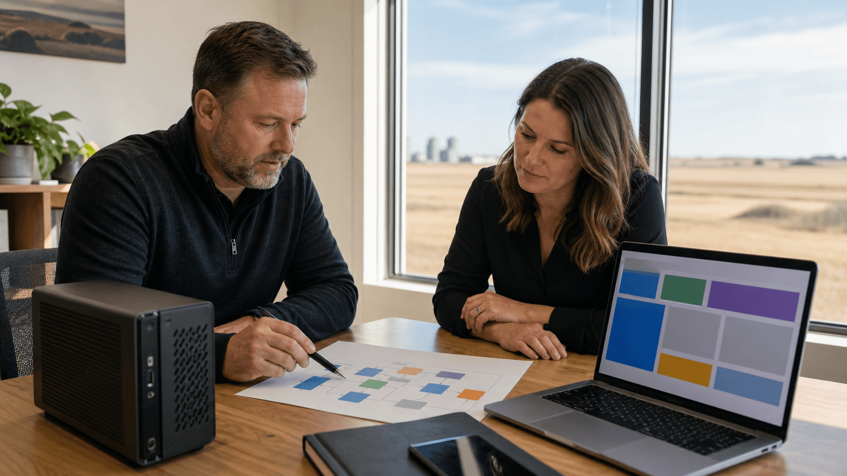 Two Saskatchewan business operators reviewing an AI workflow diagram beside a laptop and a small workstation in a bright prairie office.