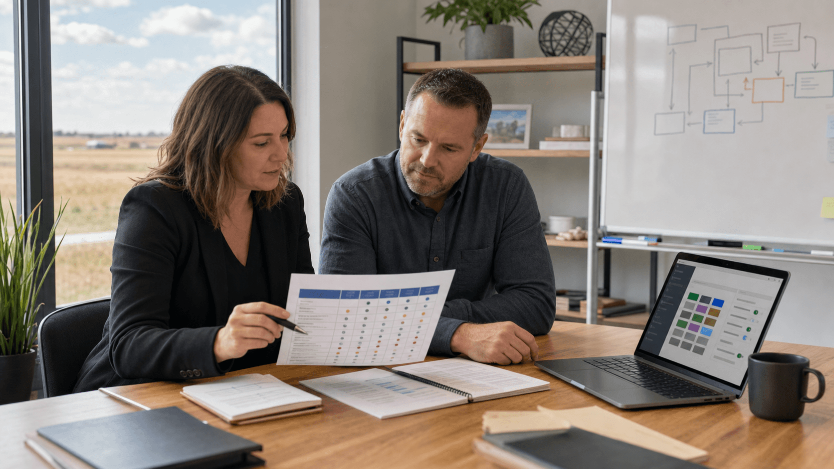 Two Saskatchewan business owners reviewing a software subscription matrix beside a laptop and workflow board in a bright office.