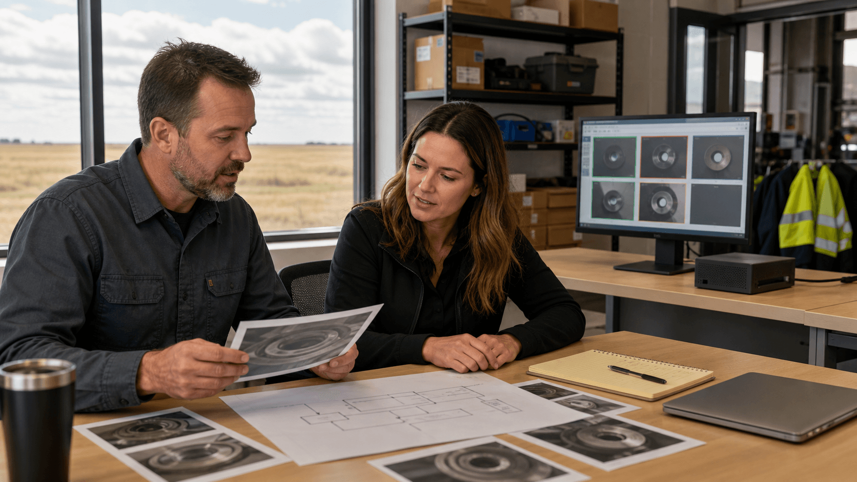 Two Saskatchewan operations leaders reviewing camera inspection photos and a process map beside a workstation in a bright shop office.