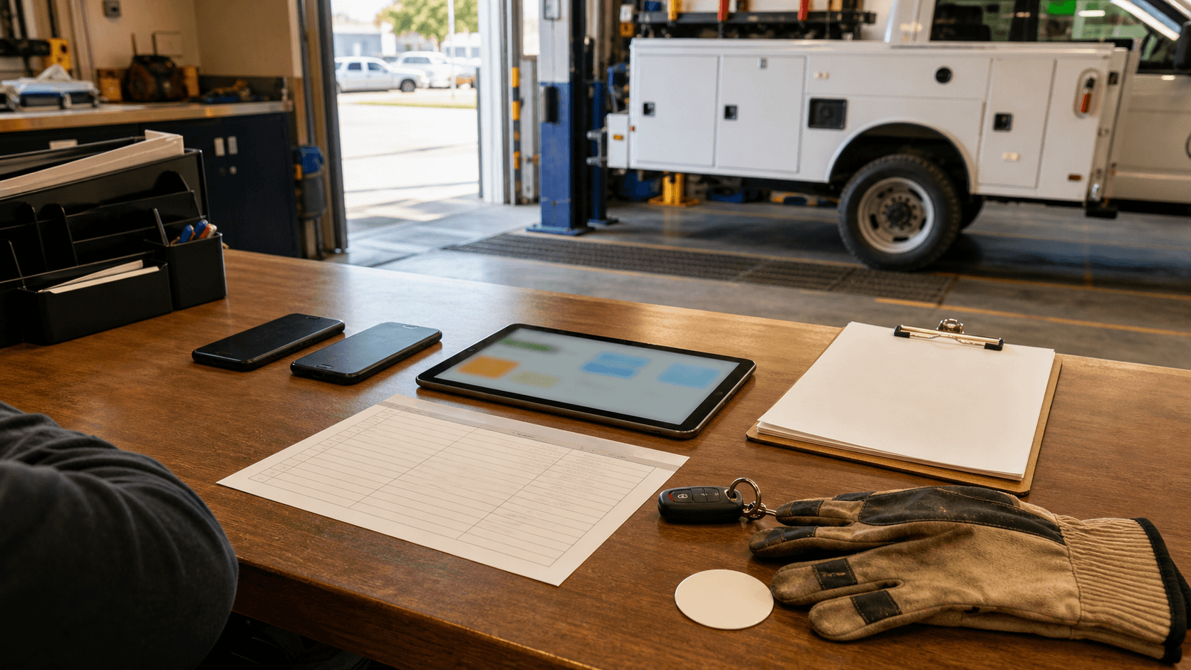 A field-service dispatch desk with staff phones, a tablet, blank device paperwork, work gloves, and a service truck in the background.