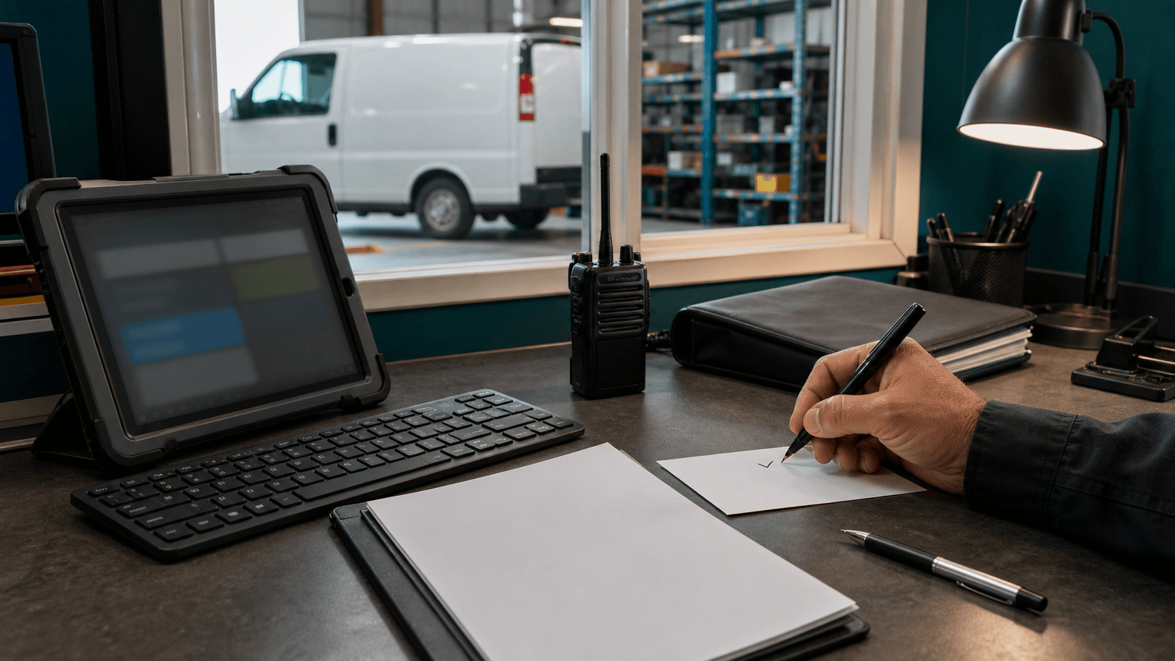 An office operations desk with a blank job packet, a rugged tablet, a keyboard, a service radio, and a single hand marking a review step.