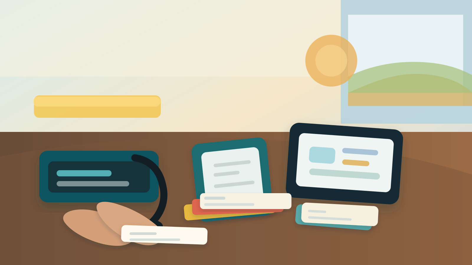 A front-desk intake station with a headset phone, blank call cards, a tablet, and hands placing a note into a tray.